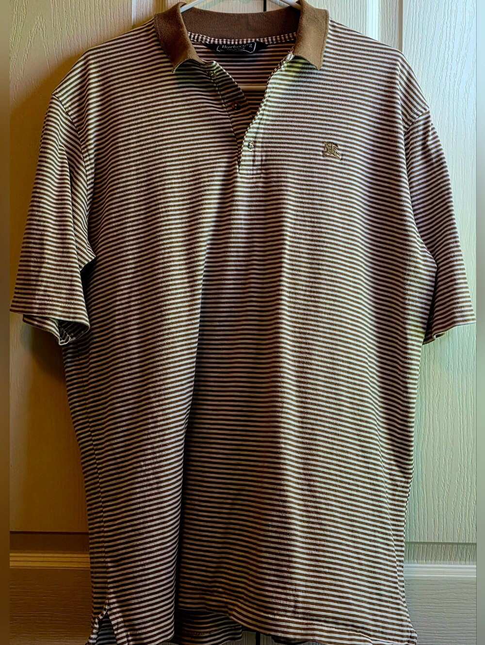 Burberrys Men's XL Tan & White Striped Polo